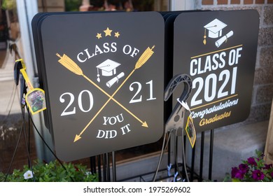 Lake Oswego, OR, USA - May 16, 2021:  Graduation Yard Signs Are Seen For Sale In A Supermarket In Lake Oswego, Oregon.