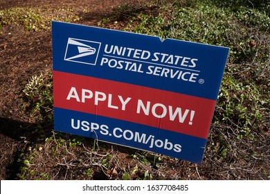 Lake Oswego, Oregon, USA - Jan 14, 2020: United States Postal Services Job Advertisement Is Seen Outside A Post Office.