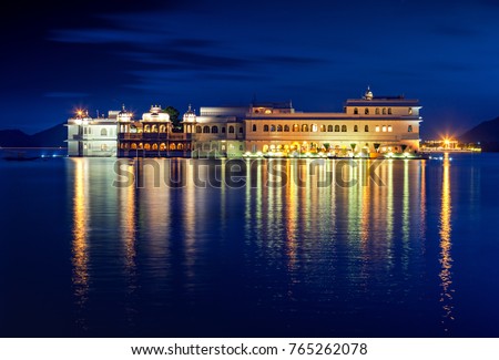 Lake Pichola and Taj Lake Palace at night , Udaipur, Rajasthan, India, Asia. 