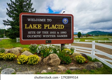 LAKE PLACID, NEW YORK - AUGUST 3, 2020: Welcome Sign in Lake Placid, the site of the 1932 and 1980 Olympic Winter Games in Adirondack Mountains, Upstate New York, USA
