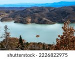 Lake Plastira. In the morning at sunrise. An artificial lake in Karditsa in Greece.