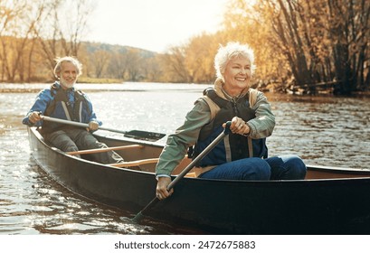 Lake, relax and kayak with old couple, nature and retirement with happiness, weekend break and vacation. Outdoor, river or mature man with senior woman, support or rowing with holiday or getaway trip - Powered by Shutterstock