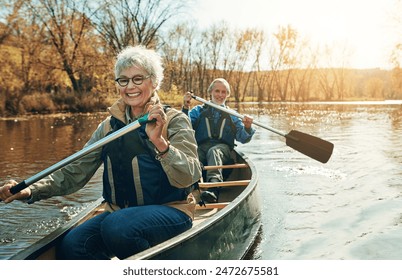 Lake, rowing and kayak with old couple, nature and retirement with happiness, relax and vacation. Outdoor, river and mature man with senior woman, support and trust with holiday and weekend break - Powered by Shutterstock