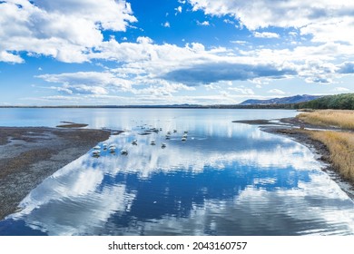 Lake Saroma shining in the blue sky