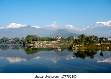 A lake scene in Pokhara, Nepal