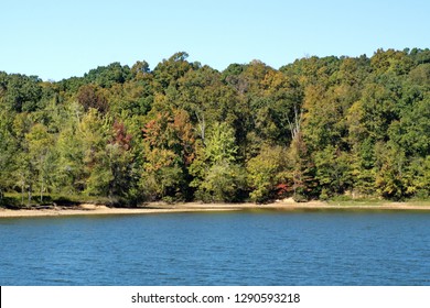 Lake Shore With Early Autumn Foliage In Land Between The Lakes State Park In Paducah, Kentucky, USA