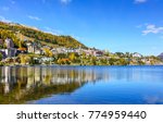 Lake side view of famous winter and summer resort  St. Moritz, Switzerland.