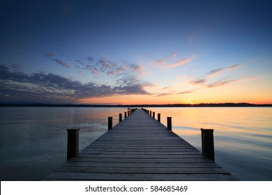 Lake at Sunset, Long Wooden Pier