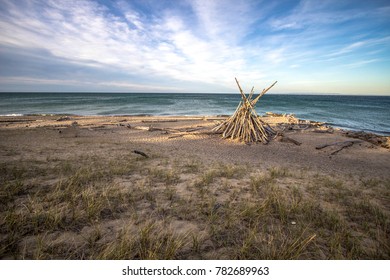 Lake Superior Beach Background. Wild And Scenic Shore Of Lake Superior With Rustic Beach Hut. Whitefish Point, Upper Peninsula, Michigan, USA