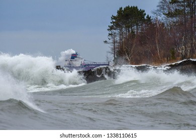 Lake Superior Waves With A Great Lakes Ore Boat On The Horizon