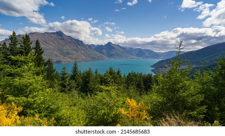 Lake surrounded by mountains, Lake Wakatipu, Queenstown Hill Time Walkway, Queenstown, Otago Region, South Island, New Zealand