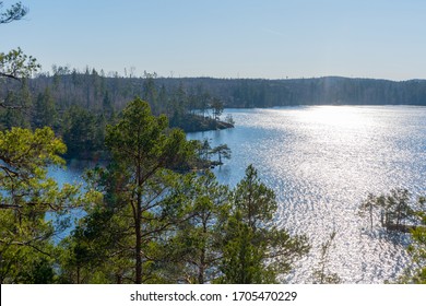 The Lake In The Swedish Forest. Photo Of Scandinavian Nature. Woods In North Europe.