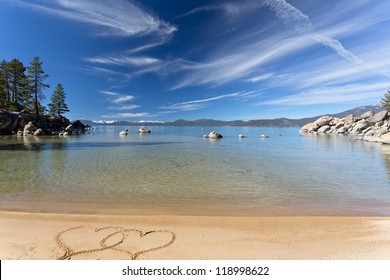 Lake Tahoe Beach With Two Hearts