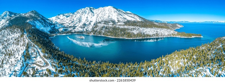 Lake Tahoe California. Emerald Bay. Winter Drone Panorama. Beautiful colors.