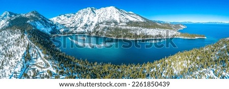 Lake Tahoe California. Emerald Bay. Winter Drone Panorama. Beautiful colors.