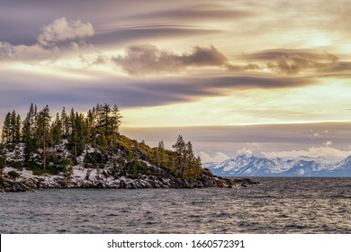 Lake Tahoe, California Sunset Scene From Along The North Shore. The Colorful Sky During Sunset In Lake Tahoe, California