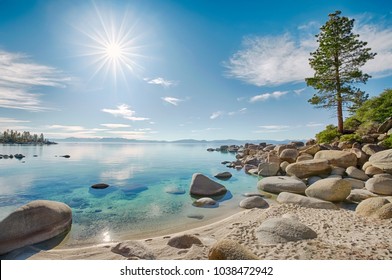 Lake Tahoe east shore beach, calm turquoise water in sunny day  - Powered by Shutterstock