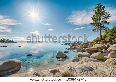 Lake Tahoe east shore beach, calm turquoise water in sunny day 