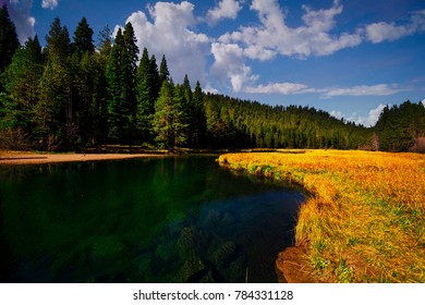 Lake Tahoe River Lined With Trees And Grass In The Fall Season