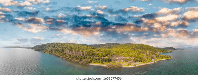 Lake Taupo And New Zealand Countryside, Aerial View.