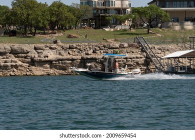 Lake Travis, TX USA - April 4th, 2021: Kids On Boat At Lakes On Sunny Day.