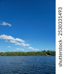 lake, tree line, horizon, sky, few white clouds, clean, clear, diagonal clouds, big blue sky, small ripples, beautiful, day, nature, environment, Kawartha Lakes, Ontario, Canada