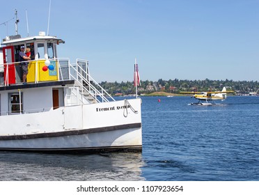 Lake Union, Seattle, Washington, USA - June 3, 2018: Sea Plane Taking Off On Lake Union, Seattle, WA