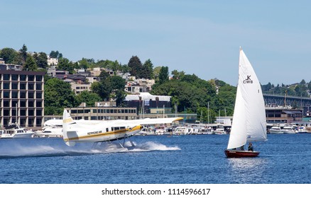 Lake Union, Seattle, Washington, USA - June 3, 2018: Sea Plane Taking Off On Lake Union, Seattle, WA