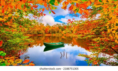 Lake view in autumn. Autumn landscape in beautiful colorful nature. Golden autumn leaves on beautiful lake. Forest landscape in colorful autumn season. Colorful lake scenery in the forest. - Shutterstock ID 2188751305