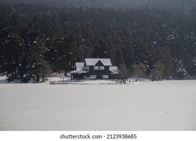 Lake View House, Frozen Lake. House With Forest Behind. Snowy Weather.