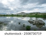 Lake view in spring. Tent camping in Nallıhan bird sanctuary. Trekking by the lake. Nallıhan bird sanctuary, which is on the migration route of birds. Nallıhan lake. Magnificent views from Nallıhan la