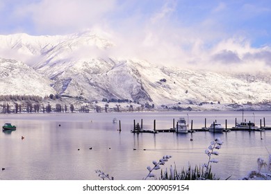 Lake Wanaka Was Covered By White Snow In Winter