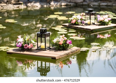 lake with water lilies decorative rafts
