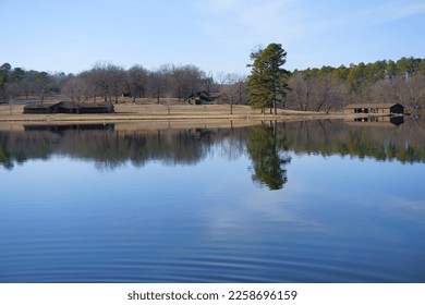 Lake Wedington shoreline during sunset, Lake Wedington is near Fayetteville Arkansas, USA, in the Ozark St. Francis National Forest. It was built in the 1930's and labor was paid for by the WPA. 