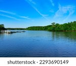 Lake Wylie, Gaston county, North Carolina on sunny a spring afternoon wit a beautiful blue sky.
