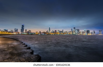 Lakefront view of Chicago made from Adler Planetarium on a cold and windy winter day