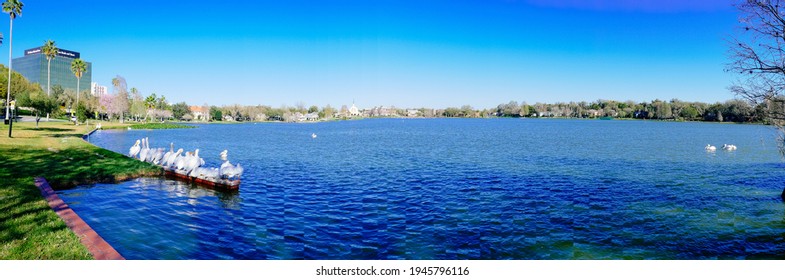 Lakeland, FL USA - 03 05 2021: Lake Morton at city center of lakeland Florida	