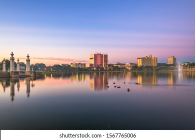 Lakeland, Florida, USA downtown cityscape on the lake at twilight.