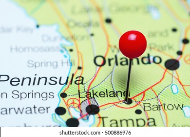 Lakeland pinned on a map of Florida, USA
