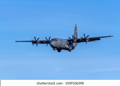LAKENHEATH, SUFFOLK, UK – FEBRUARY 16, 2018: US Air Force C-130J Hercules AF 15736 out of Ramstein Air Base in Germany makes its approach to land at RAF Lakenheath.