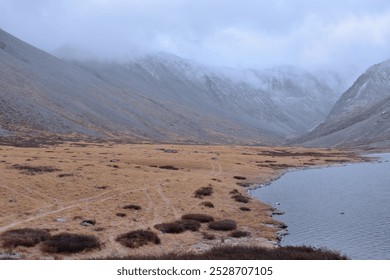 Lakeside with autumn yellow grass and red moss covered with first snow in a crevice between mountain ranges on a cloudy day. Lake Small Kok-Kol, Altai, Siberia, Russia. - Powered by Shutterstock