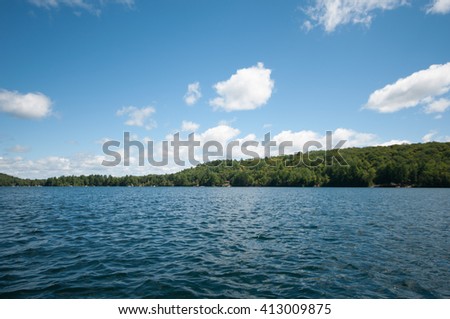 Lakeside blue water with island and trees in the distance blue sky with white fluffy clouds