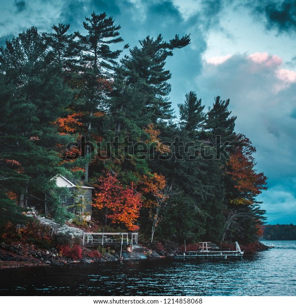 Lakeside Cabin Fallautumn Seasonal Scene Cabincottage Royalty