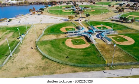 Lakeside Huge Baseballsoftball Complex With Natural Grass Fields, Ticket Offices, Batting Cages, Pavilion, Spectator Seating Near Dallas. Aerial Large Sport Facility Venue For Practice, Tournament