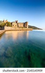 The lakeside of Torri del Benaco with the marina and the Scaliger castle. Lake Garda, Verona province, Veneto, Italy, Europe.