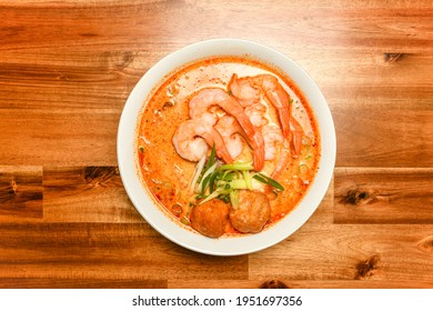 Laksa Prawn Noodle Soup Bowl Wooden Table