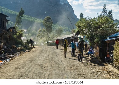 Lalibela, Ethiopia - Feb 12, 2020: Ethiopian people seen on the road from Lalibela to Gheralta, Tigray in Northern Ethiopia, Africa