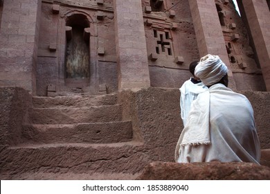 Lalibela/Ethiopia - April12, 2019: Coptic Christian Pilgrim Outside Rock-hewn Church Lalibela, Ethiopia