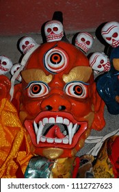 Lamayuru,Jammu & Kashmir/India-CIRCA June 2006.This Is The Enraged Look Buddhist Deity Mask To Strike Terror Into Evil Spirit.It Has A Crown Of Five Skulls Representing  Five Negative Human  Feelings.