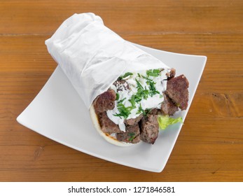 Lamb And Beef Gyro Served From A Mediterranean Food Cart In Portland, Oregon.